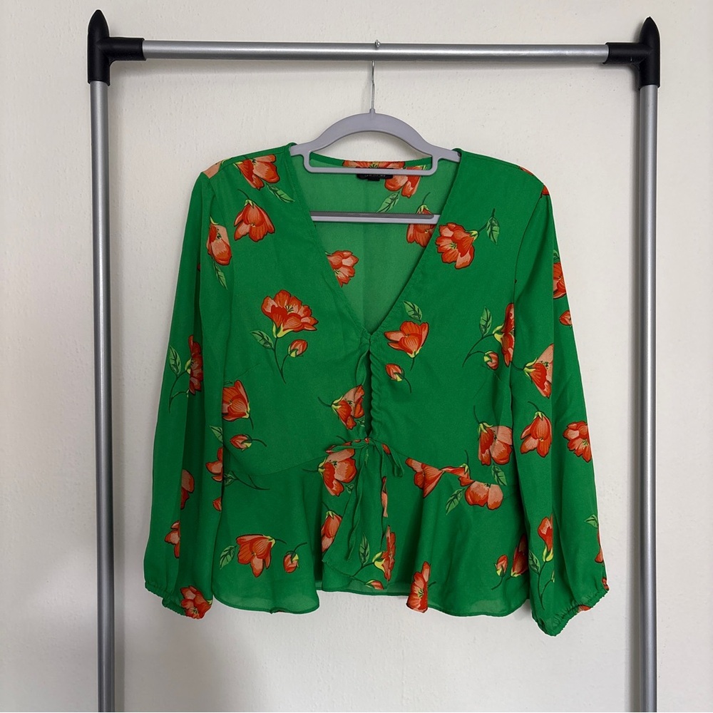 Topshop Green Tie Front Floral Blouse